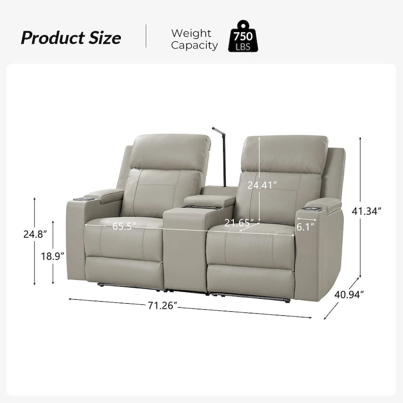 71.26 Wide Genuine Leather Home Theater Seating with Ambient Lighting and Storage
