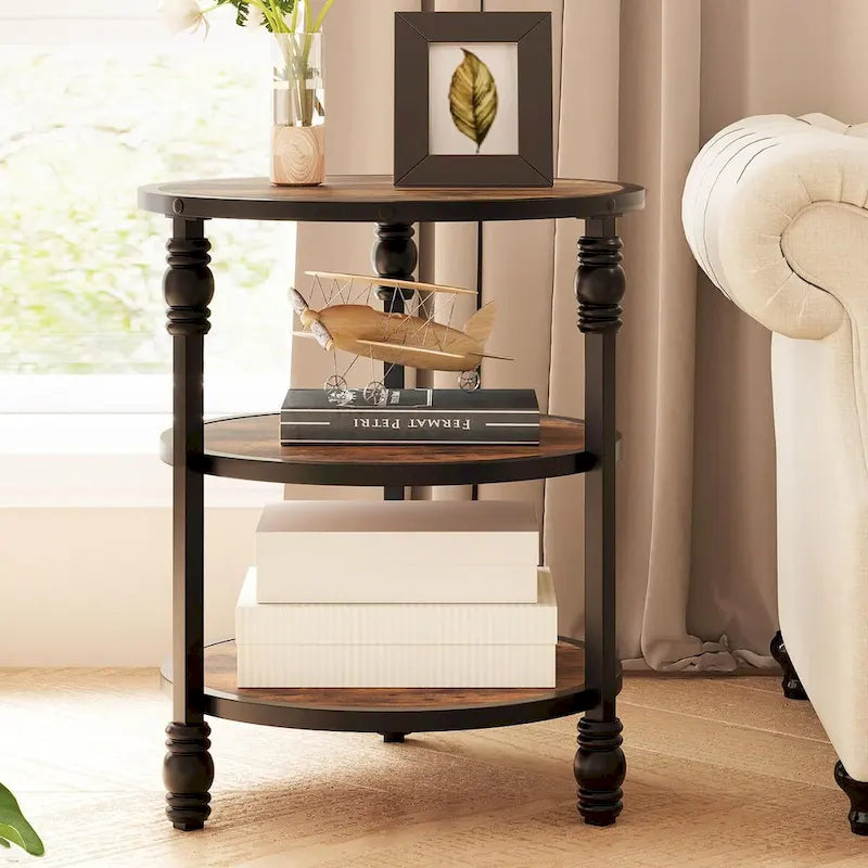 Table d'appoint ronde à 3 niveaux | Table de bout industrielle avec cadre en métal noir et bois rustique