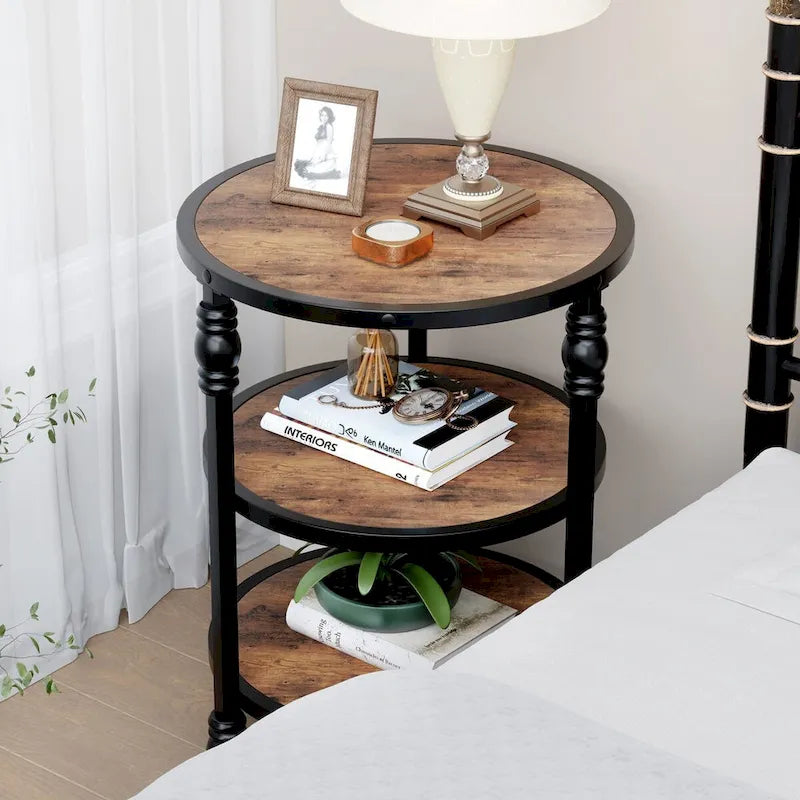 Table d'appoint ronde à 3 niveaux | Table de bout industrielle avec cadre en métal noir et bois rustique
