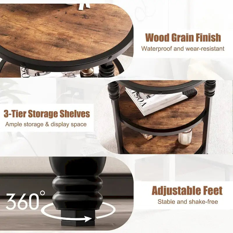 Table d'appoint ronde à 3 niveaux | Table de bout industrielle avec cadre en métal noir et bois rustique