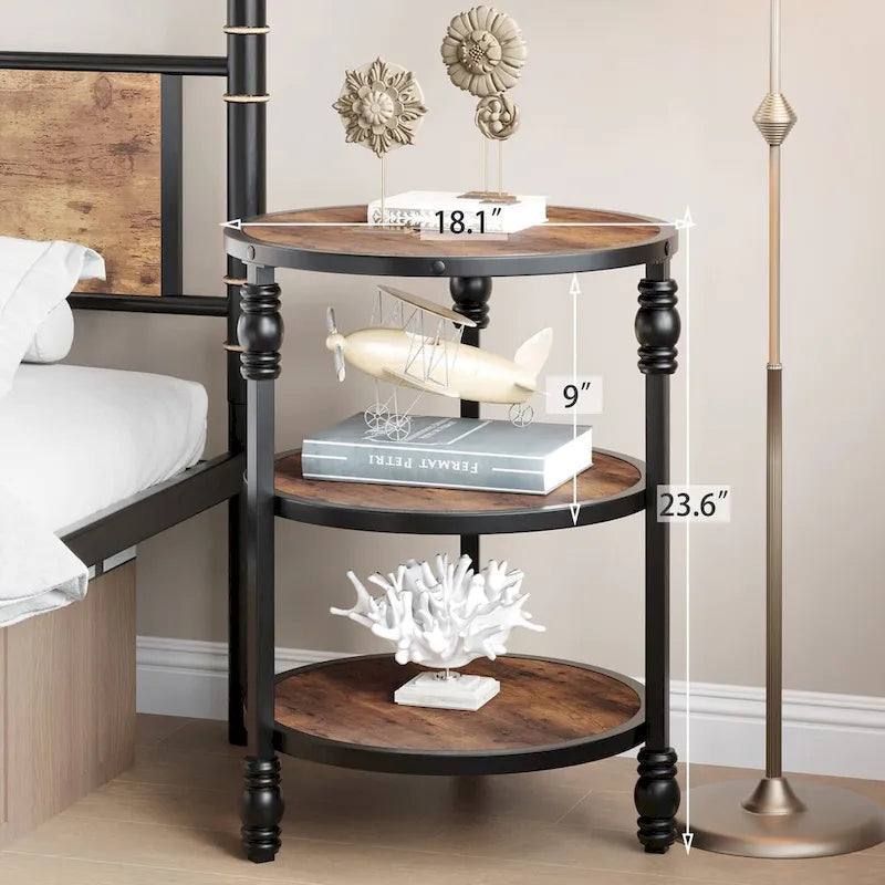 Table d'appoint ronde à 3 niveaux | Table de bout industrielle avec cadre en métal noir et bois rustique