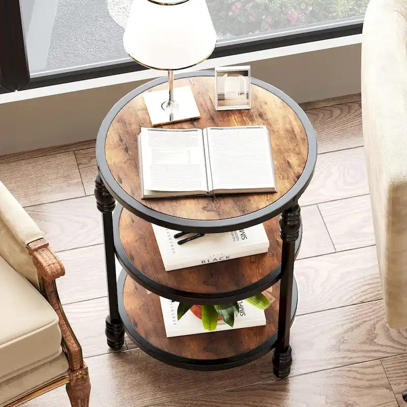 Table d'appoint ronde à 3 niveaux | Table de bout industrielle avec cadre en métal noir et bois rustique