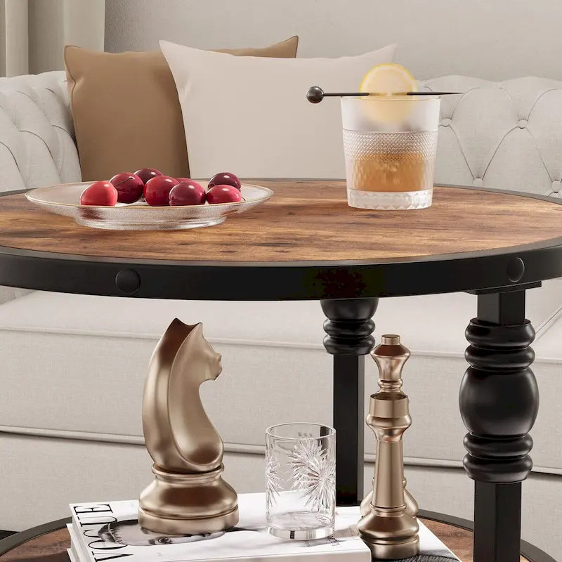 Table d'appoint ronde à 3 niveaux | Table de bout industrielle avec cadre en métal noir et bois rustique