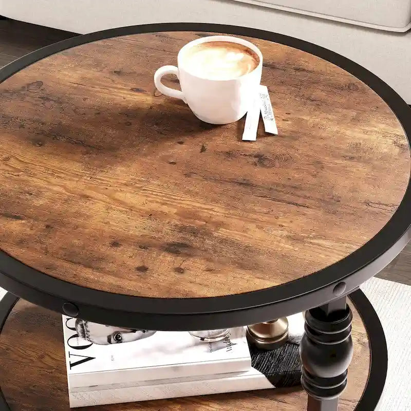 Table d'appoint ronde à 3 niveaux | Table de bout industrielle avec cadre en métal noir et bois rustique