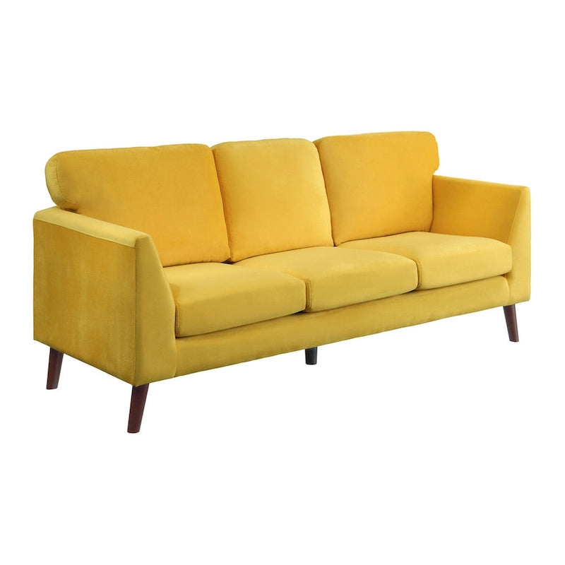81-inch Yellow Velvet Sofa with Reversible Cushions and Dark Brown Wood Legs
