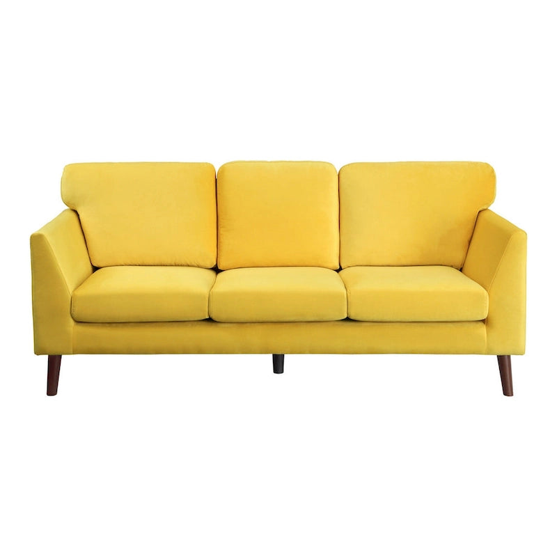 81-inch Yellow Velvet Sofa with Reversible Cushions and Dark Brown Wood Legs