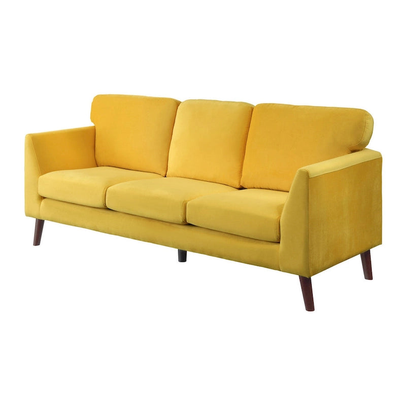 81-inch Yellow Velvet Sofa with Reversible Cushions and Dark Brown Wood Legs