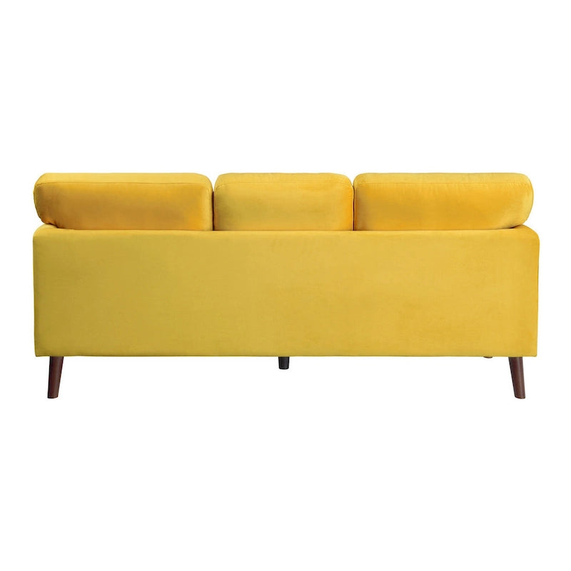 81-inch Yellow Velvet Sofa with Reversible Cushions and Dark Brown Wood Legs