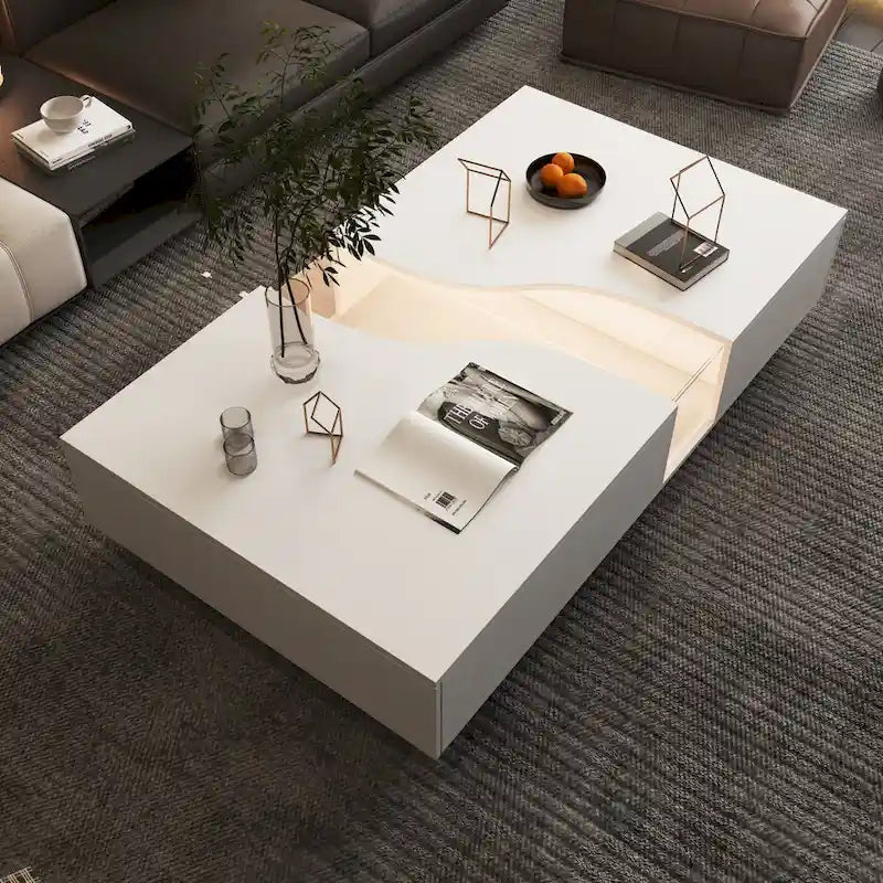 Table basse blanche à 2 tiroirs avec plateau d'affichage à LED