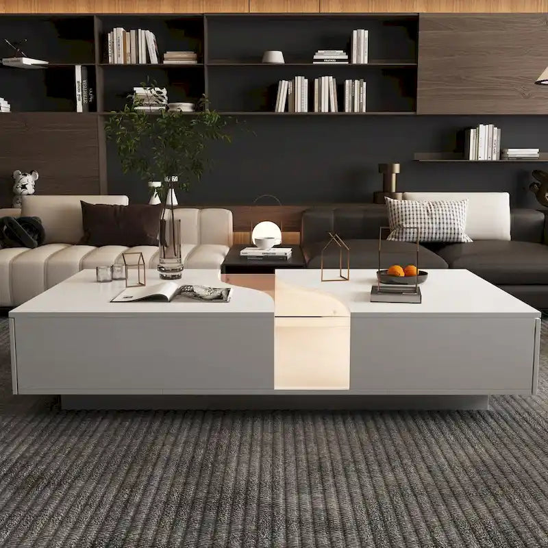 Table basse blanche à 2 tiroirs avec plateau d'affichage à LED