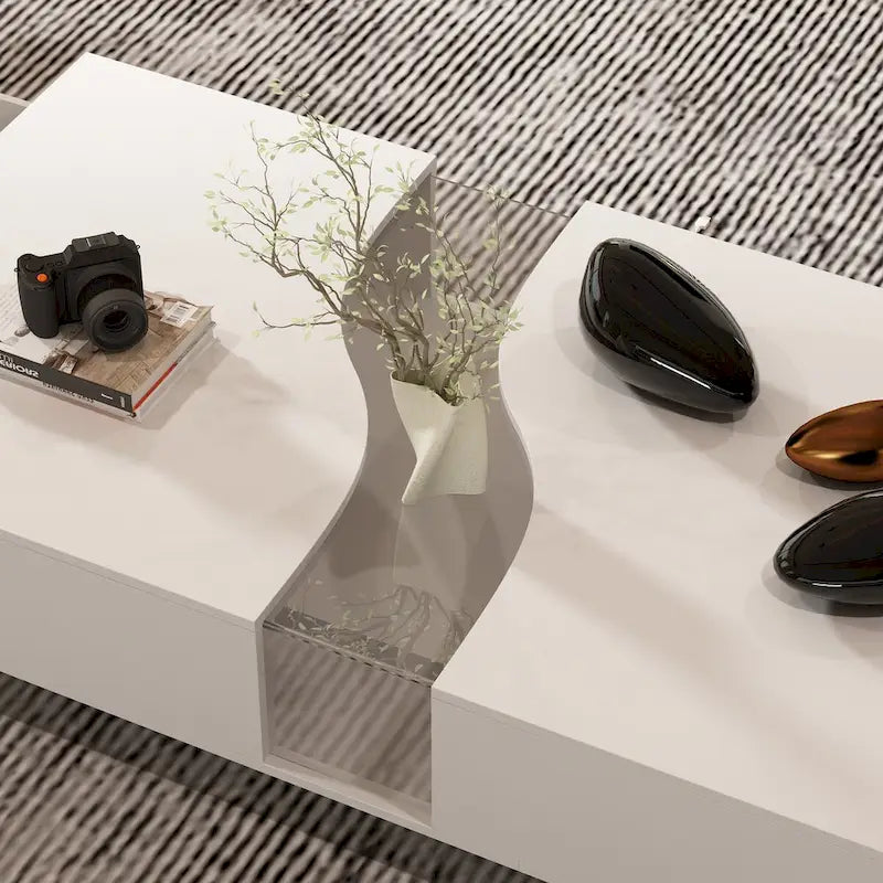 Table basse blanche à 2 tiroirs avec plateau d'affichage à LED