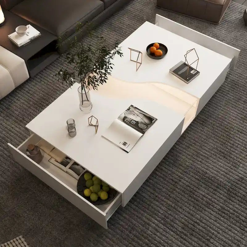 Table basse blanche à 2 tiroirs avec plateau d'affichage à LED