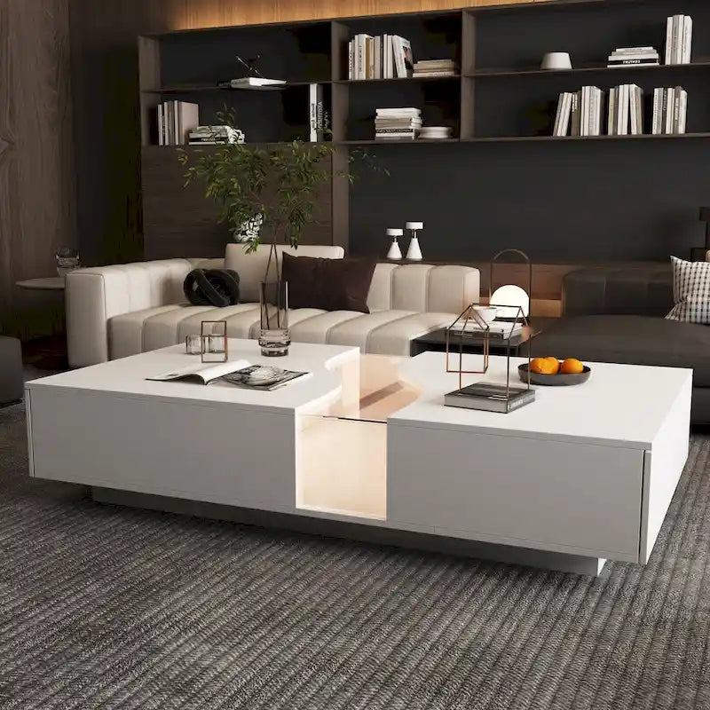 Table basse blanche à 2 tiroirs avec plateau d'affichage à LED