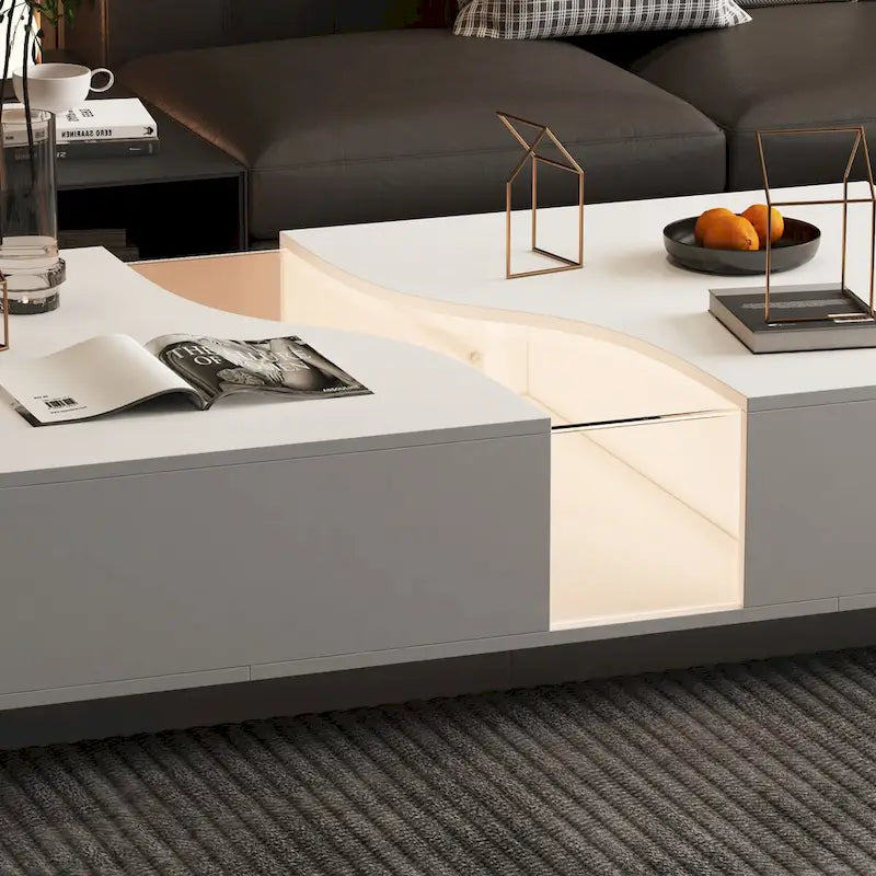 Table basse blanche à 2 tiroirs avec plateau d'affichage à LED
