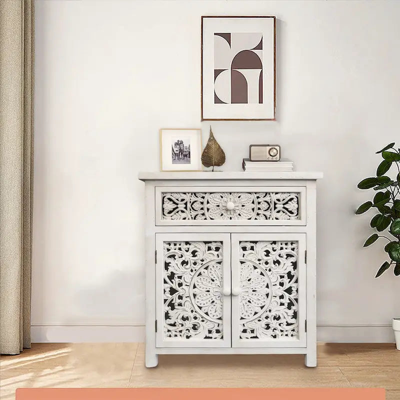 Meuble de Rangement Rustique en Bois Sculpté avec 1 Tiroir et 2 Portes, Blanc Antique, 79 cm H - 70,1 x 35,1 x 79 cm