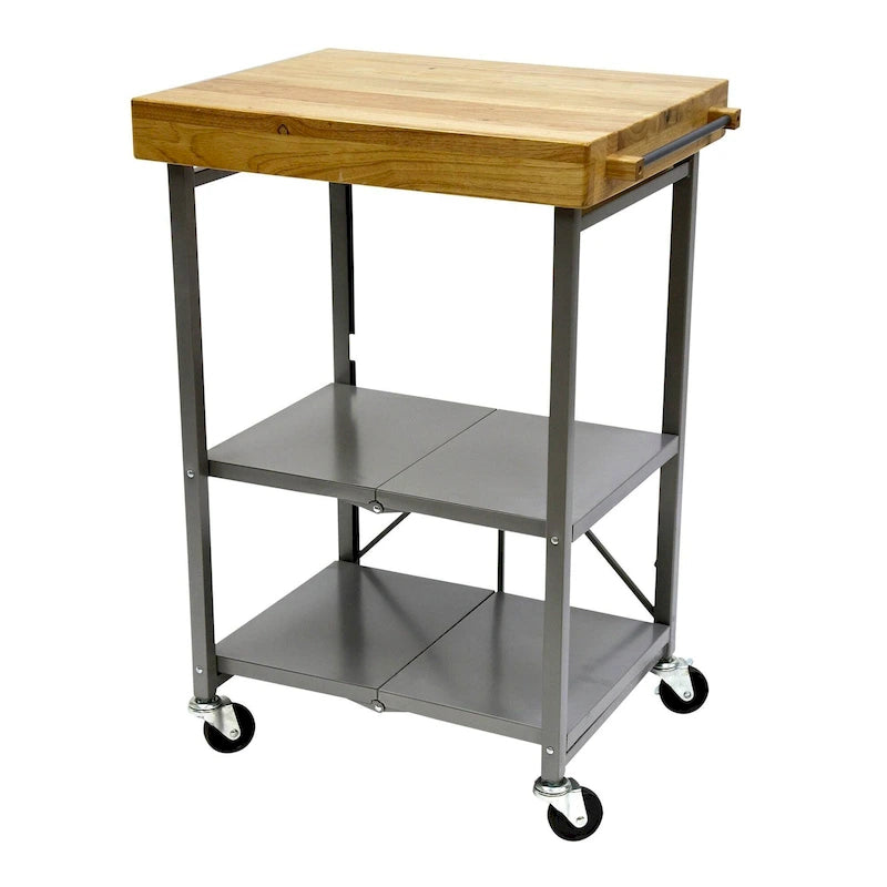 Chariot de bar/îlot de cuisine pliable portable à roulettes avec plateau en bois massif - Argent