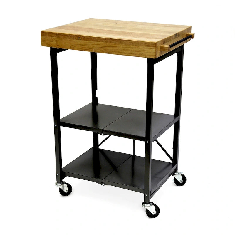 Chariot de bar/îlot de cuisine pliable portable à roulettes avec plateau en bois massif - Argent
