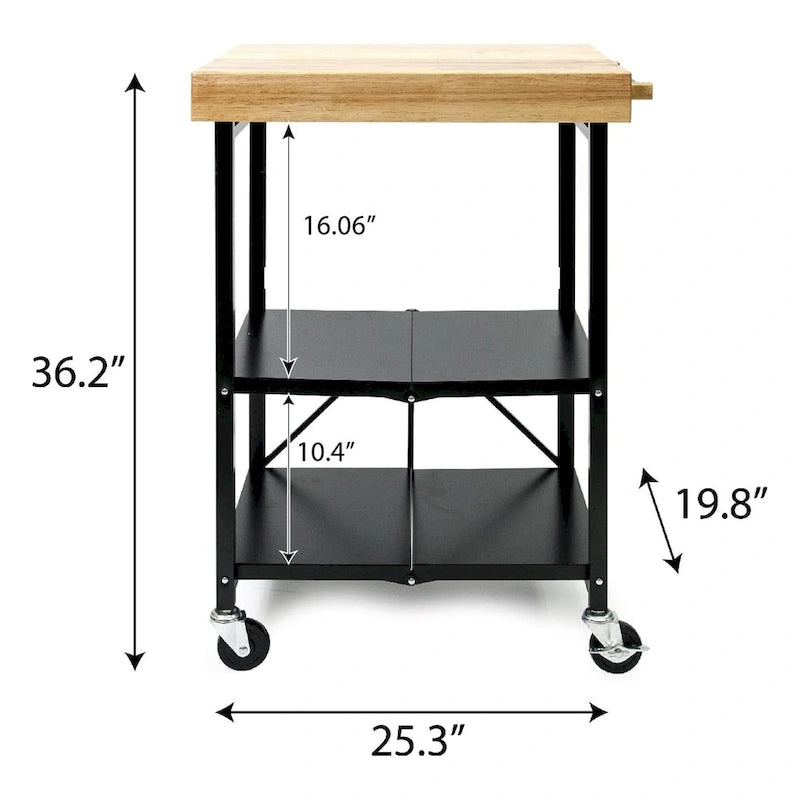 Chariot de bar/îlot de cuisine pliable portable à roulettes avec plateau en bois massif - Argent