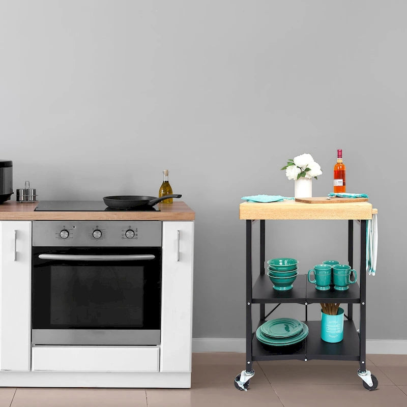 Chariot de bar/îlot de cuisine pliable portable à roulettes avec plateau en bois massif - Argent