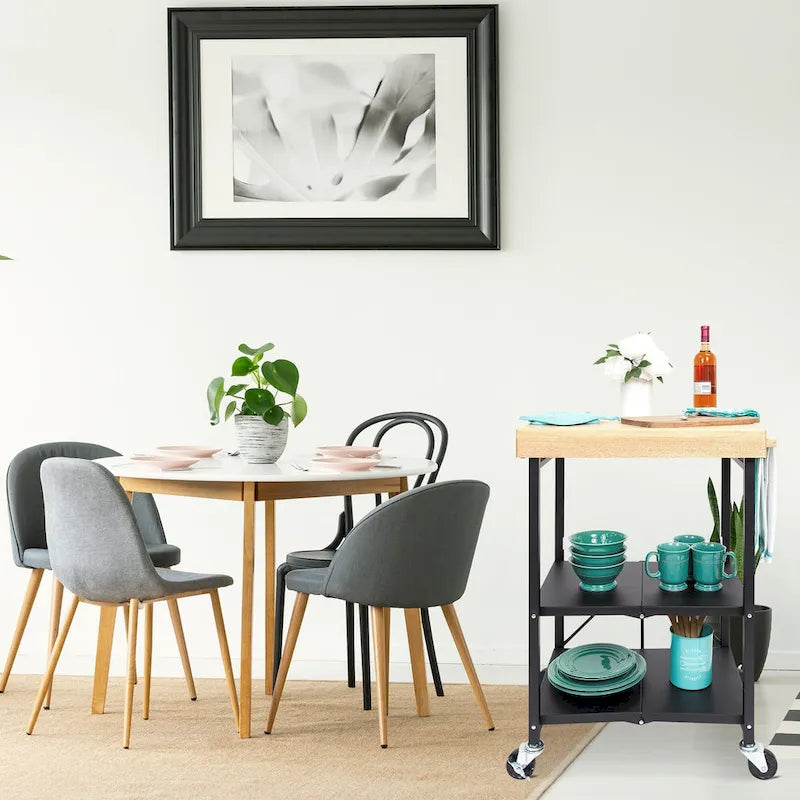 Chariot de bar/îlot de cuisine pliable portable à roulettes avec plateau en bois massif - Argent