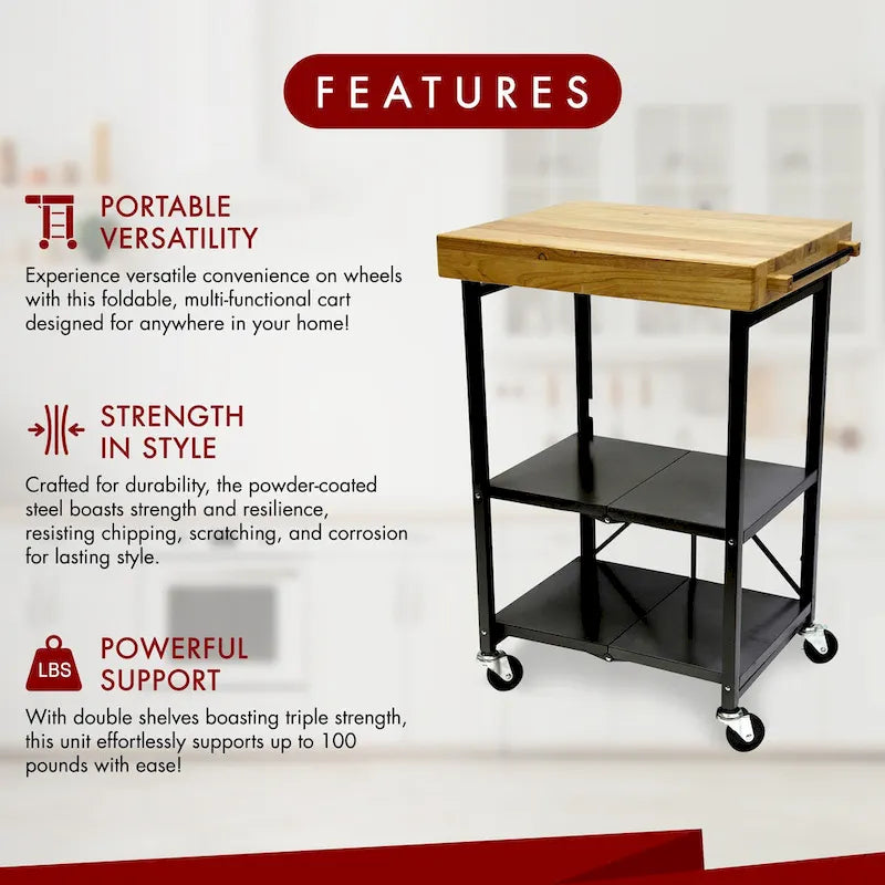 Chariot de bar/îlot de cuisine pliable portable à roulettes avec plateau en bois massif - Argent