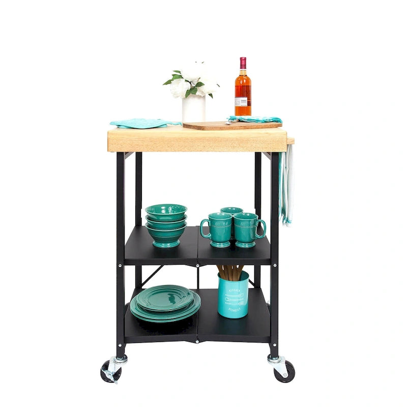 Chariot de bar/îlot de cuisine pliable portable à roulettes avec plateau en bois massif - Argent