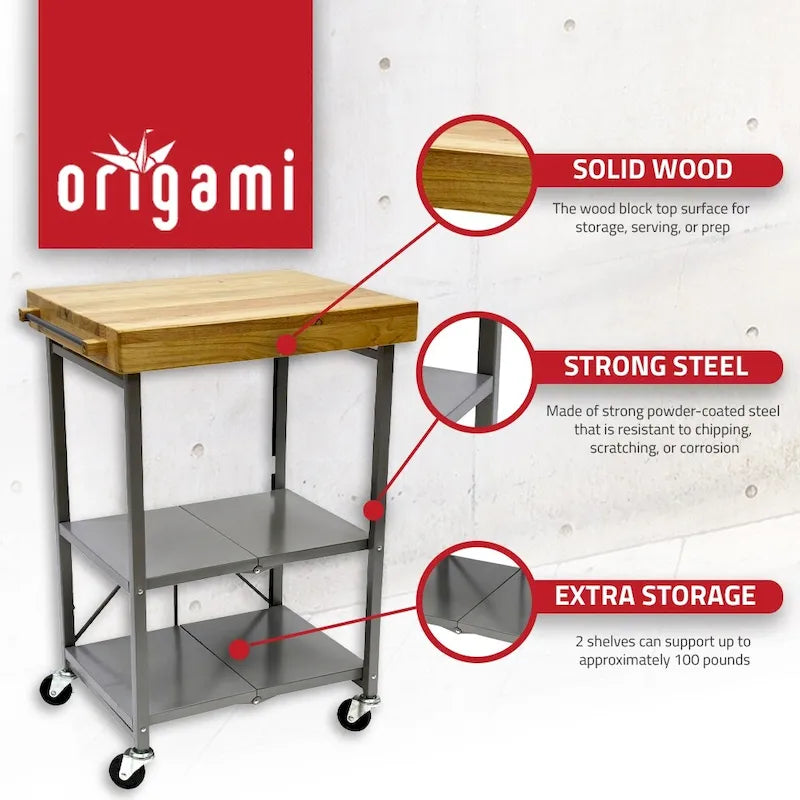Chariot de bar/îlot de cuisine pliable portable à roulettes avec plateau en bois massif - Argent