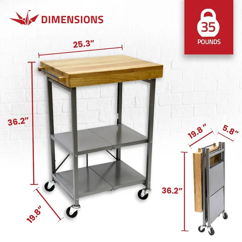 Chariot de bar/îlot de cuisine pliable portable à roulettes avec plateau en bois massif - Argent