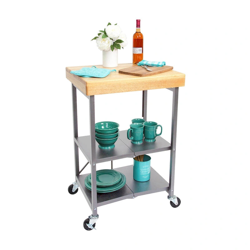 Chariot de bar/îlot de cuisine pliable portable à roulettes avec plateau en bois massif - Argent