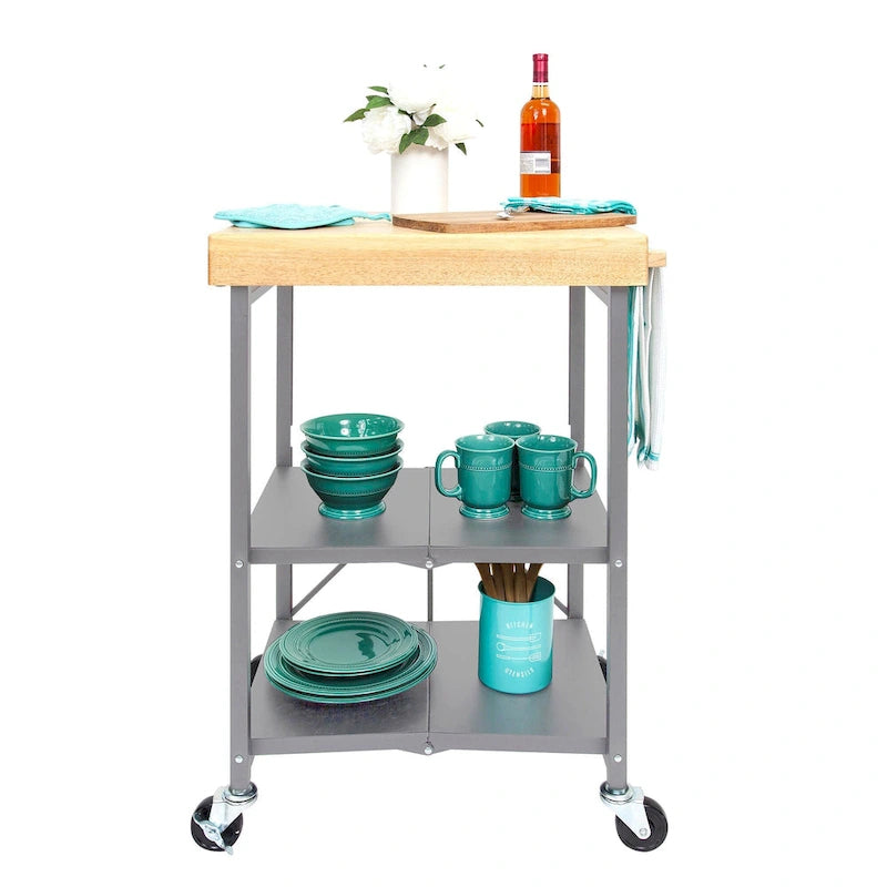 Chariot de bar/îlot de cuisine pliable portable à roulettes avec plateau en bois massif - Argent