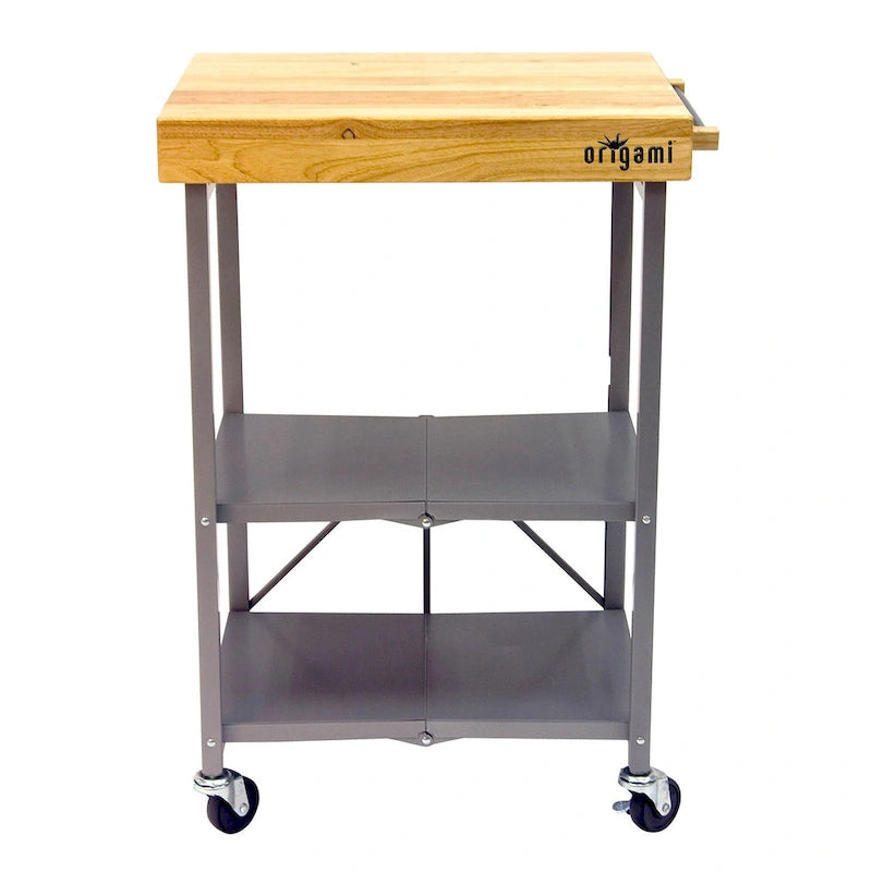 Chariot de bar/îlot de cuisine pliable portable à roulettes avec plateau en bois massif - Argent