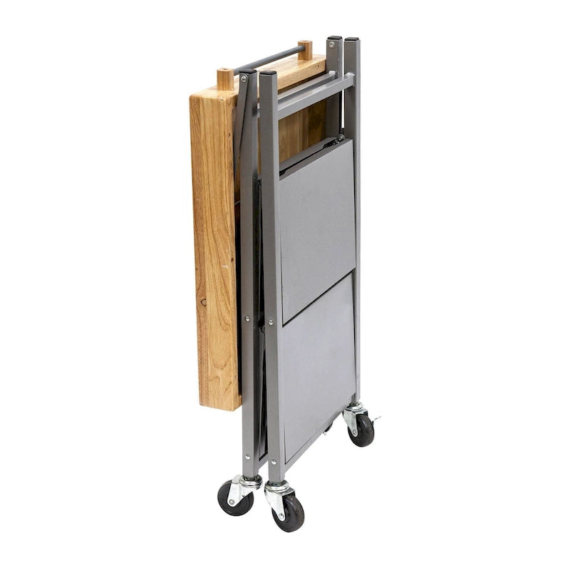 Chariot de bar/îlot de cuisine pliable portable à roulettes avec plateau en bois massif - Argent