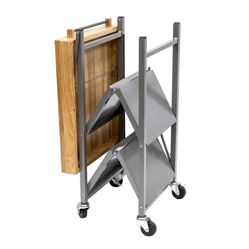 Chariot de bar/îlot de cuisine pliable portable à roulettes avec plateau en bois massif - Argent
