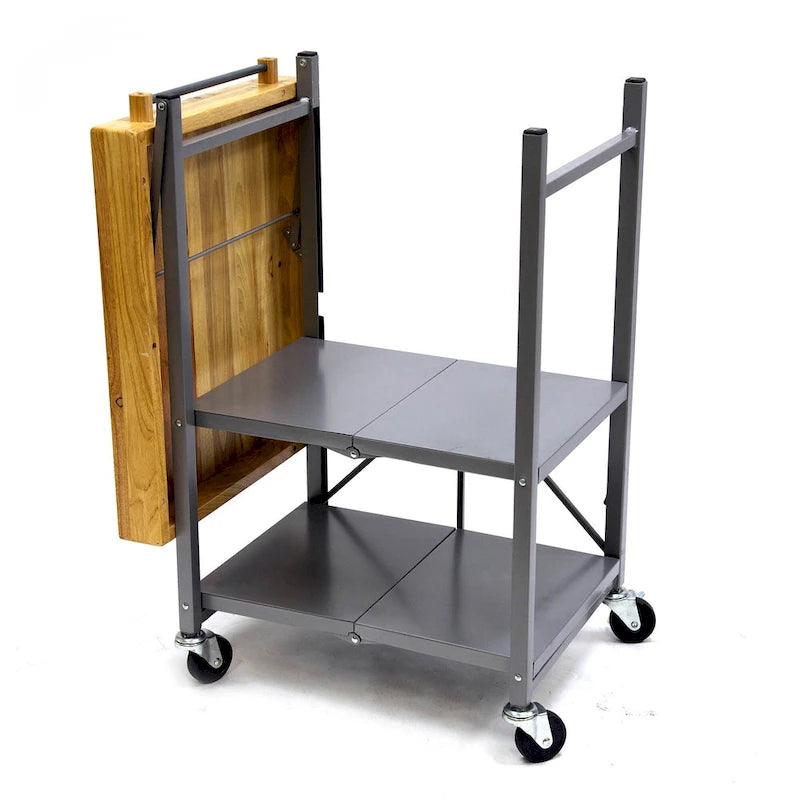 Chariot de bar/îlot de cuisine pliable portable à roulettes avec plateau en bois massif - Argent